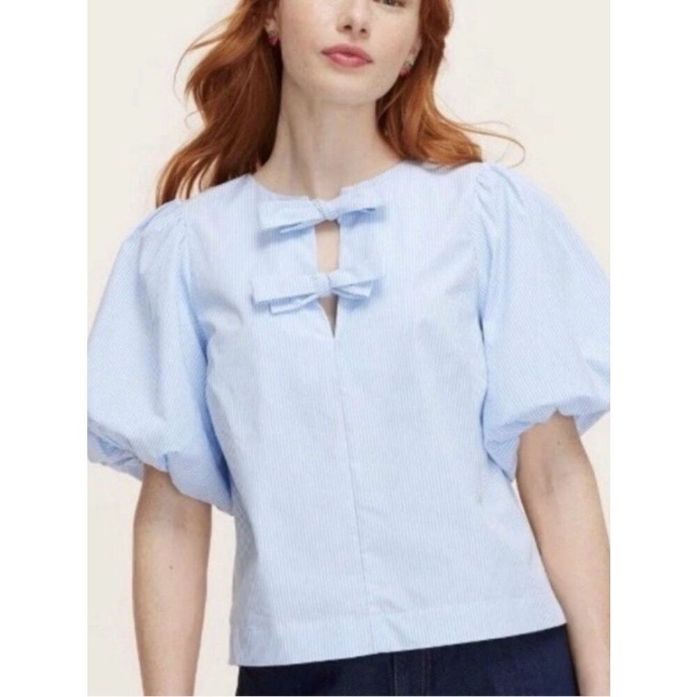 Kate Spade Light Blue and white striped Puff-Sleeve Bow-Accent Women's Top